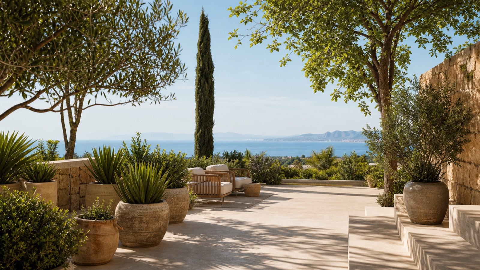 KI-generiertes Mallorca-Stimmungsbild eines mediterranen Hotel-Außenbereichs für den Hotelcheck des PURE SALT GARONDA in Platja De Palma
