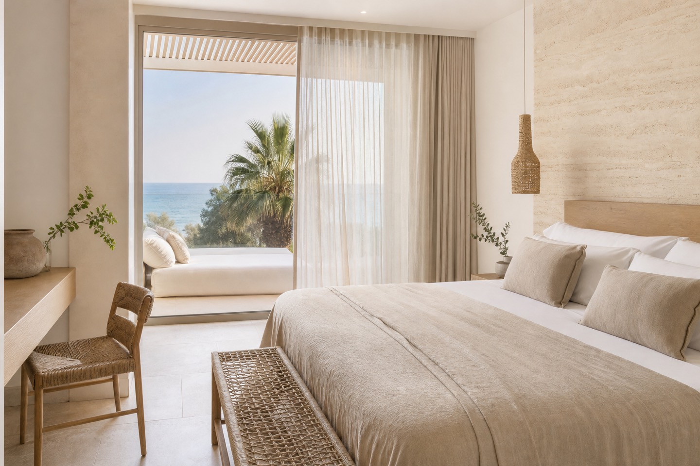 KI-generiertes redaktionelles Stimmungsbild eines mediterranen Hotelzimmers für den Hotelcheck des PURE SALT GARONDA in Platja De Palma