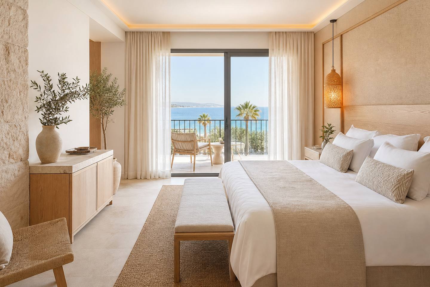 KI-generiertes redaktionelles Stimmungsbild eines mediterranen Hotelzimmers für den Hotelcheck des PURE SALT PORT DE SOLLER in Port (El)
