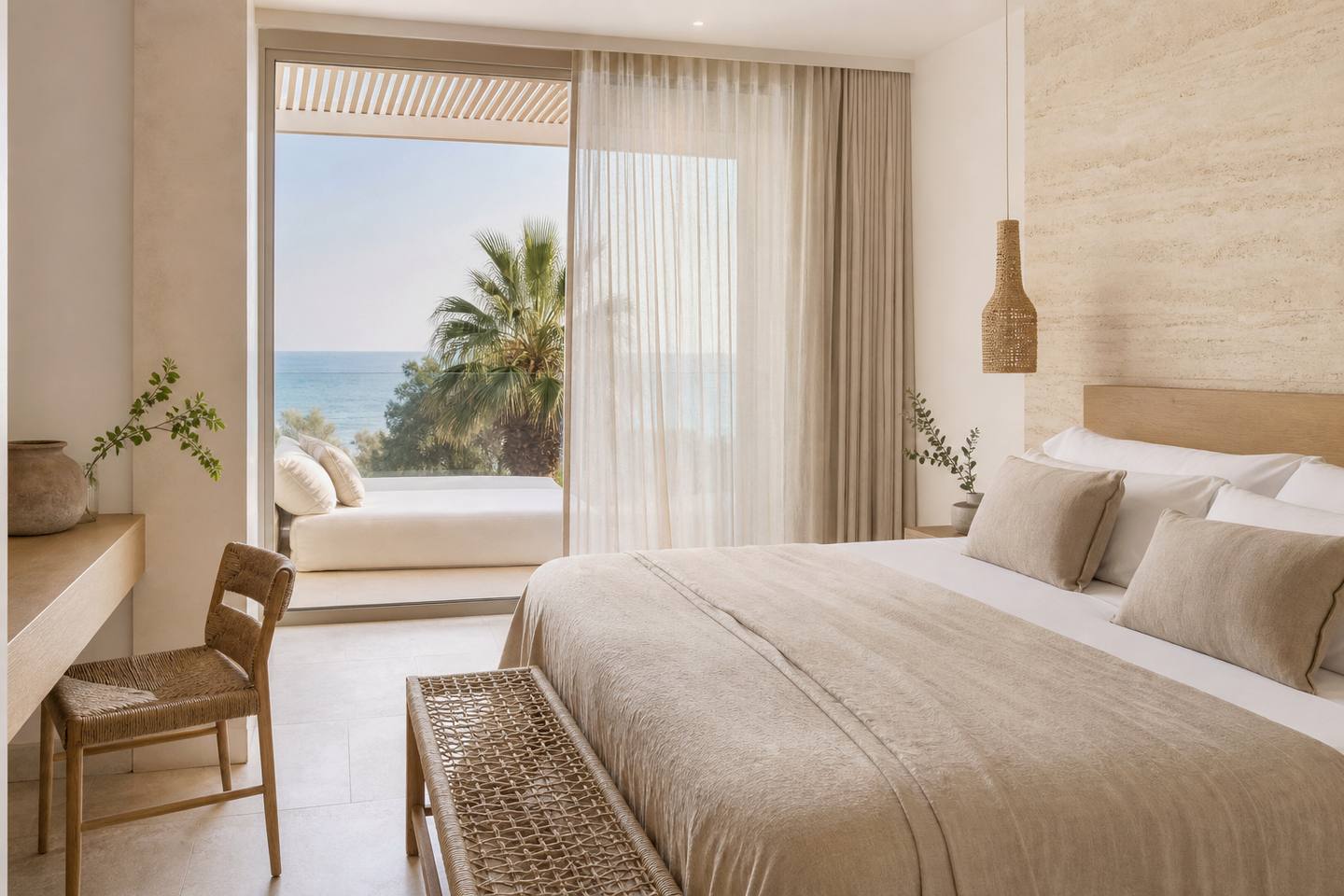 KI-generiertes redaktionelles Stimmungsbild eines mediterranen Hotelzimmers für den Hotelcheck des PURO HOTEL OASIS URBANO in Palma