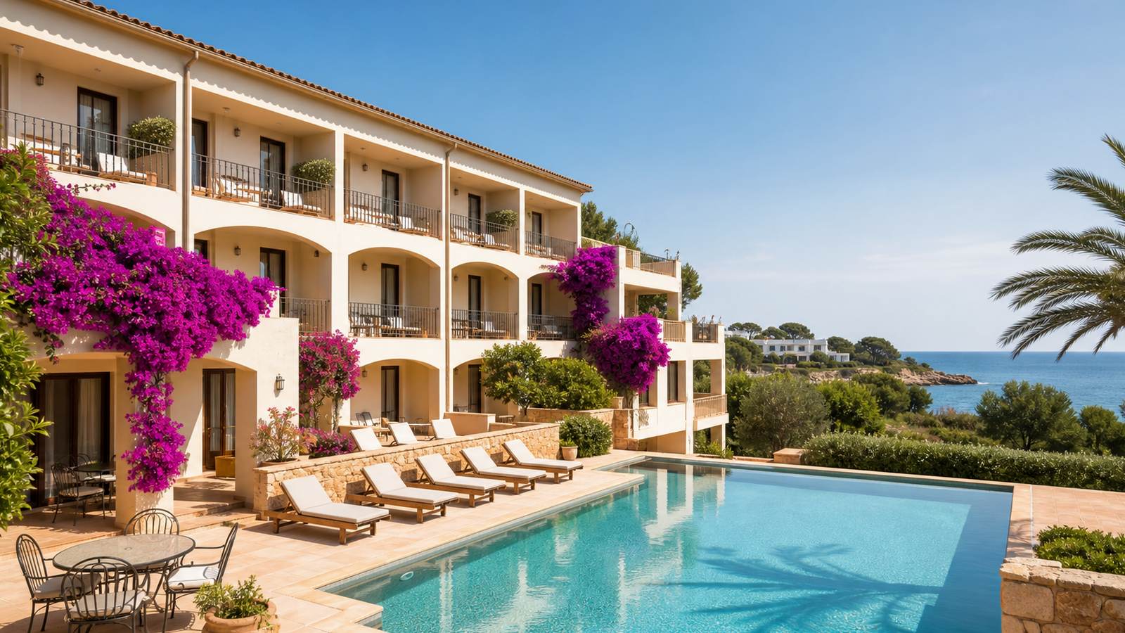 KI-generiertes Mallorca-Stimmungsbild eines mediterranen Hotel-Außenbereichs für den Hotelcheck des Repic Apartments in Port (El)