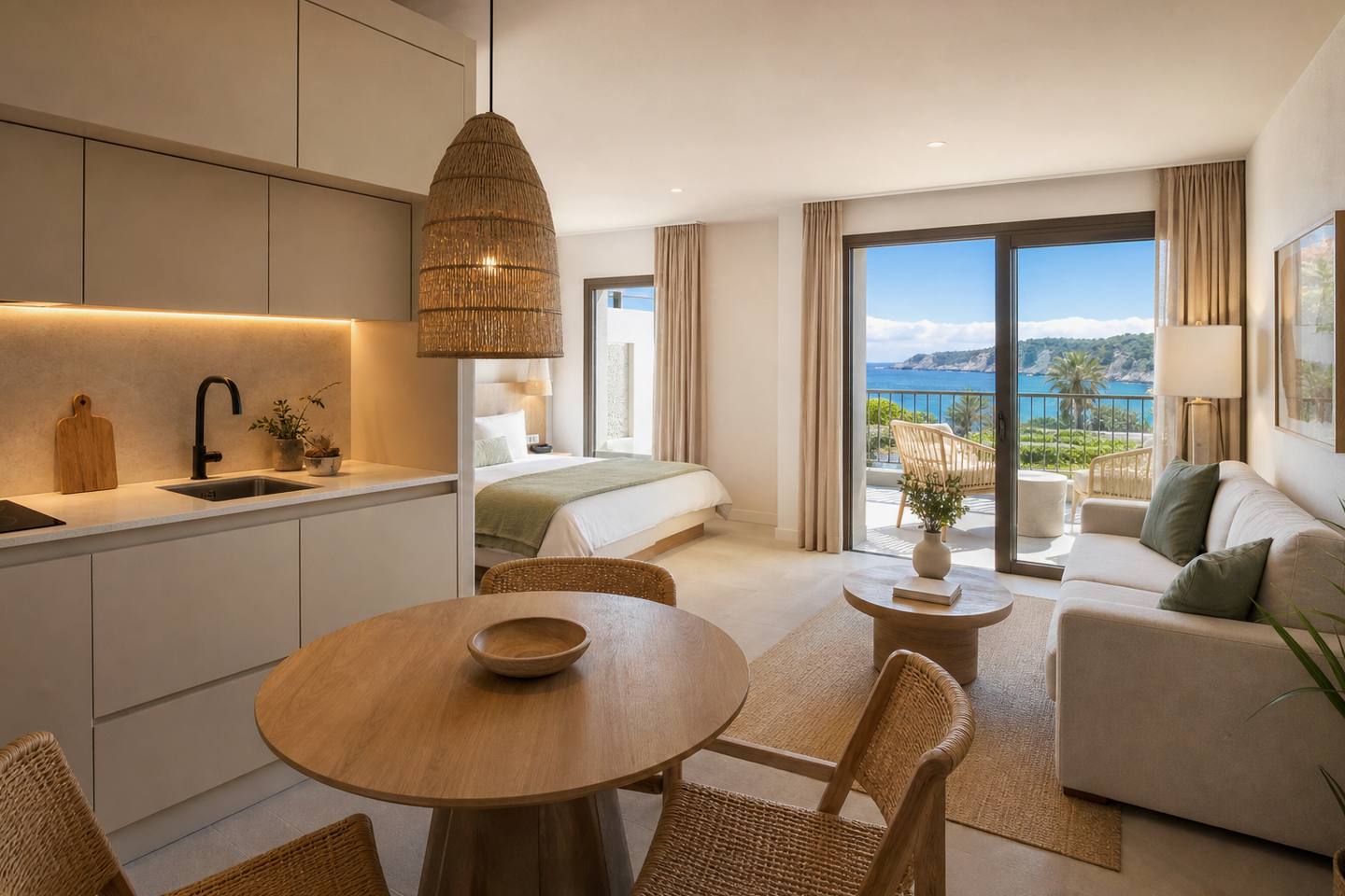 KI-generiertes redaktionelles Stimmungsbild eines mediterranen Hotelzimmers für den Hotelcheck des Repic Apartments in Port (El)