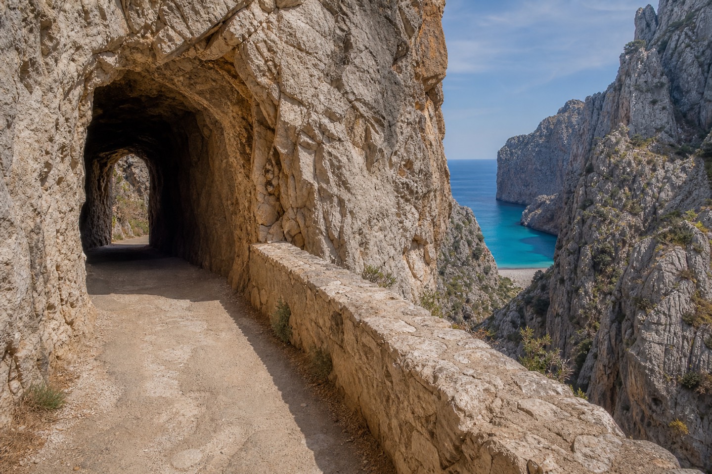 KI-generiertes Stimmungsbild eines Felstunnels am Zugang zum Torrent de Pareis bei Sa Calobra