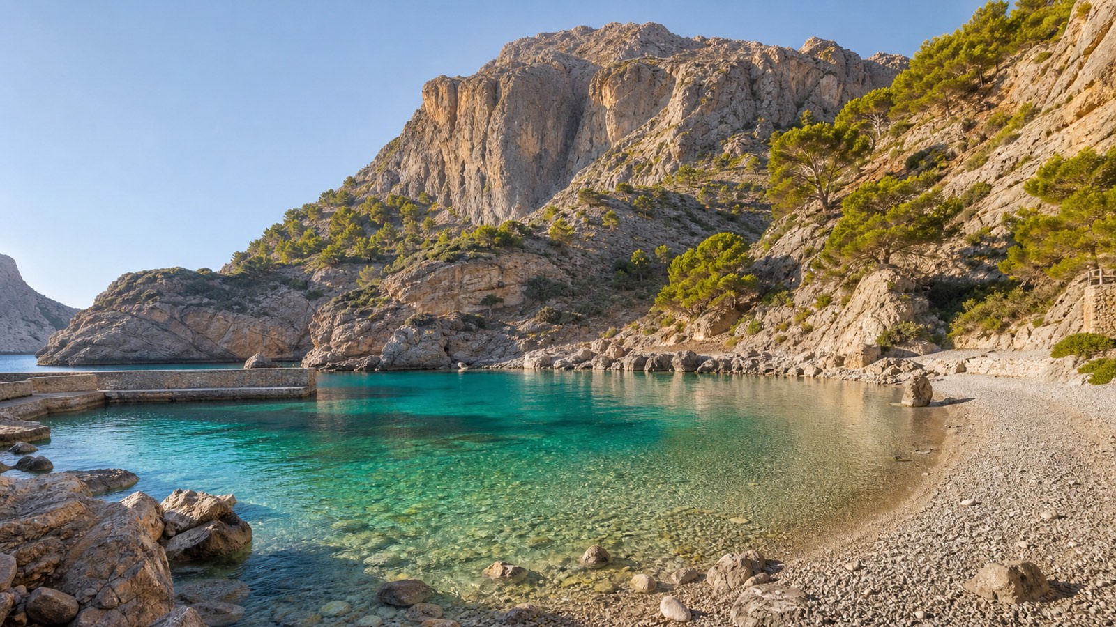 KI-generiertes Stimmungsbild einer kleinen Kieselbucht bei Sa Calobra mit türkisfarbenem Wasser und Kalksteinbergen
