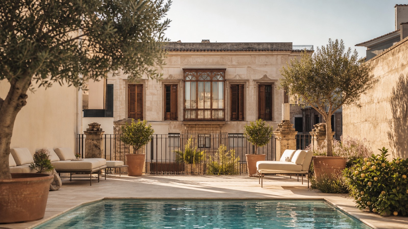 KI-generiertes Stimmungsbild für Sant Francesc Hotel Singular mit historischem Stadtpalais, Dachterrasse und Pool