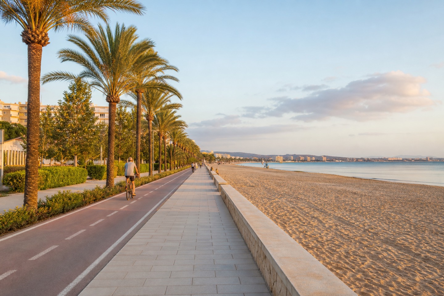 KI-generiertes Stimmungsbild der autofreien Palmenpromenade von S’Arenal mit Radweg, Sandstrand und ruhiger Bucht im Abendlicht