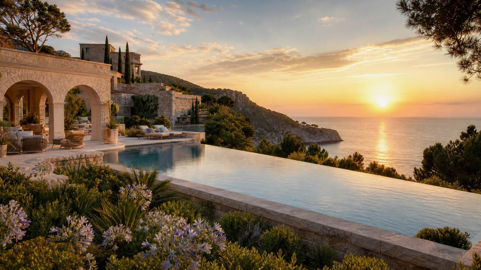 KI-generiertes Mallorca-Stimmungsbild eines mediterranen Hotel-Außenbereichs für den Hotelcheck des SERRANO PALACE in Cala Rajada