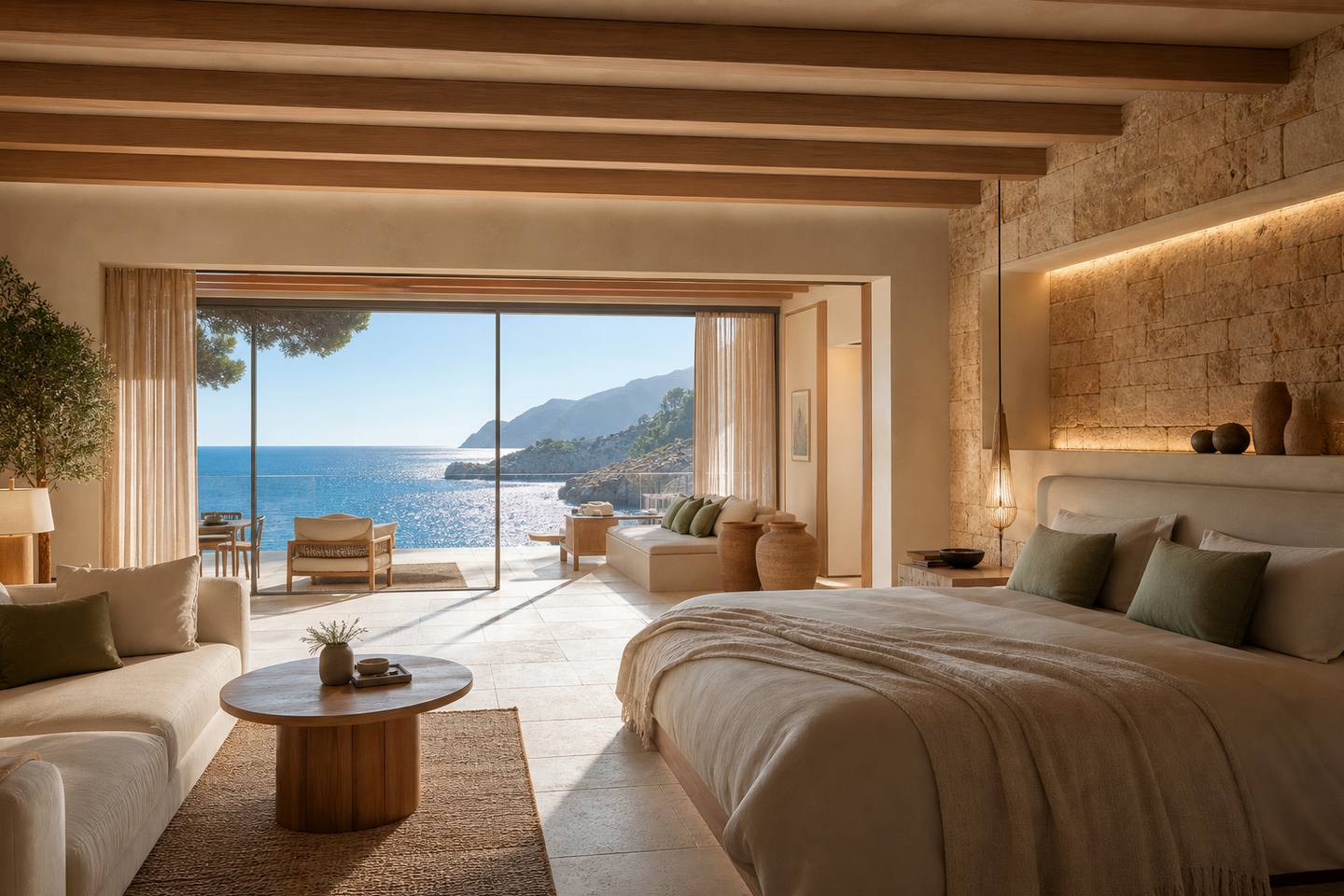 KI-generiertes redaktionelles Stimmungsbild eines mediterranen Hotelzimmers für den Hotelcheck des SERRANO PALACE in Cala Rajada