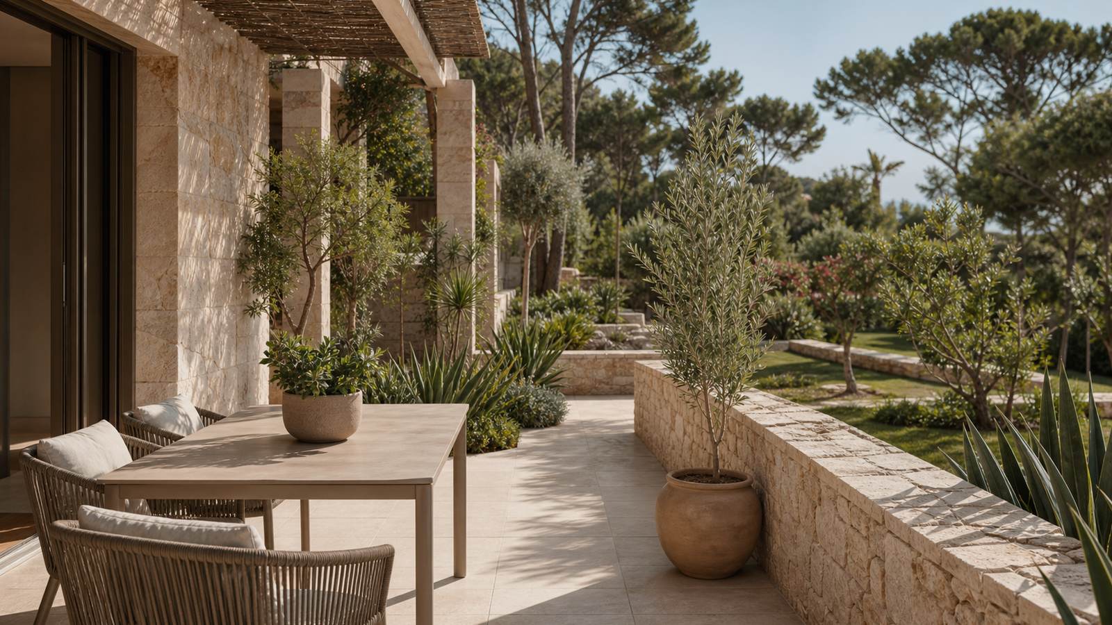 KI-generiertes Mallorca-Stimmungsbild eines mediterranen Hotel-Außenbereichs für den Hotelcheck des S´HOTEL D´ES PUIG (HOTEL DE CIUTAT) in Deià