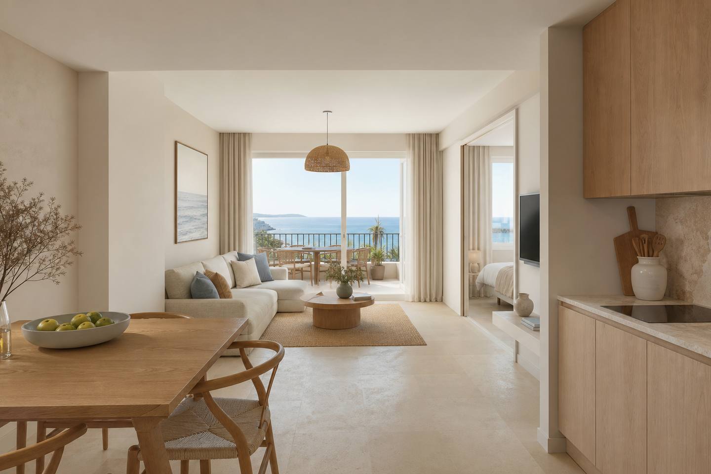 KI-generiertes redaktionelles Stimmungsbild eines mediterranen Hotelzimmers für den Hotelcheck des S´HOTEL D´ES PUIG (HOTEL DE CIUTAT) in Deià