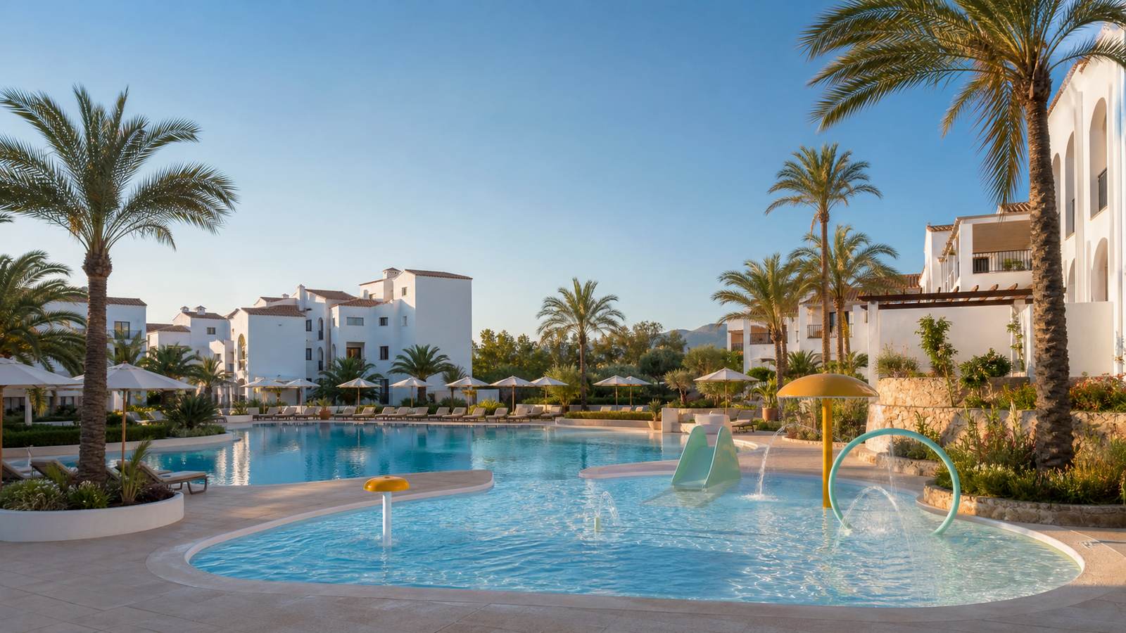 KI-generiertes Mallorca-Stimmungsbild eines mediterranen Hotel-Außenbereichs für den Hotelcheck des SOL GUADALUPE in Magaluf
