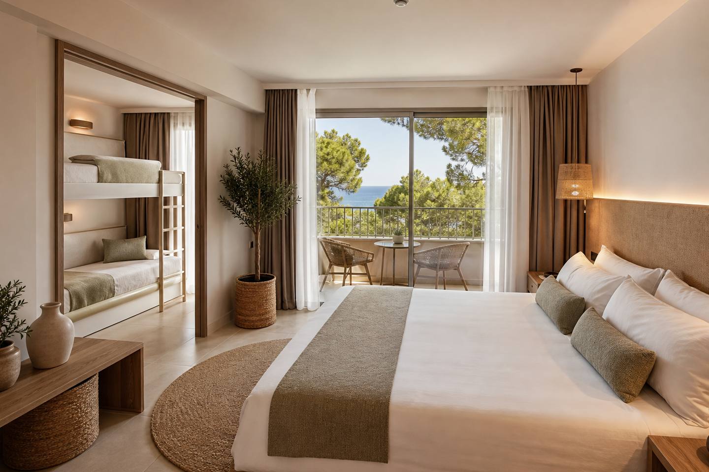 KI-generiertes redaktionelles Stimmungsbild eines mediterranen Hotelzimmers für den Hotelcheck des SOL GUADALUPE in Magaluf