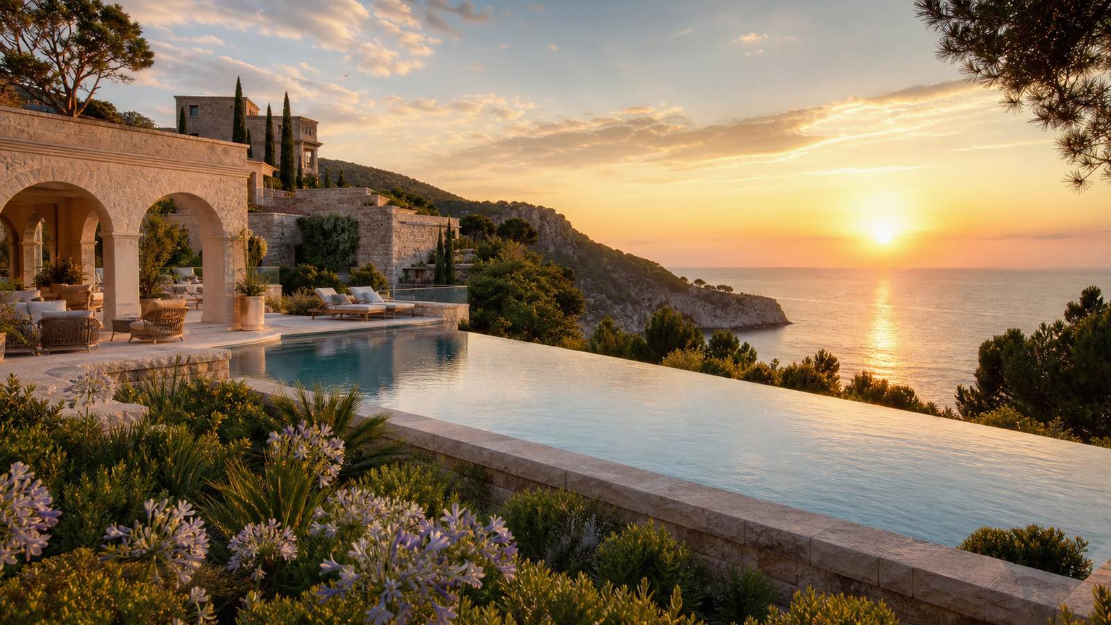 KI-generiertes Mallorca-Stimmungsbild eines mediterranen Hotel-Außenbereichs für den Hotelcheck des SON GREC PETIT RESORT in Sóller