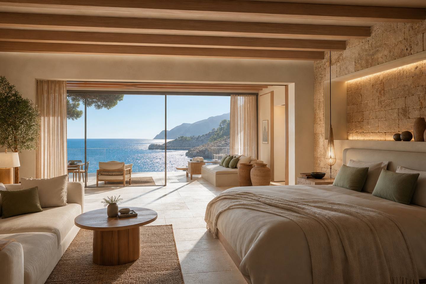 KI-generiertes redaktionelles Stimmungsbild eines mediterranen Hotelzimmers für den Hotelcheck des SON GREC PETIT RESORT in Sóller