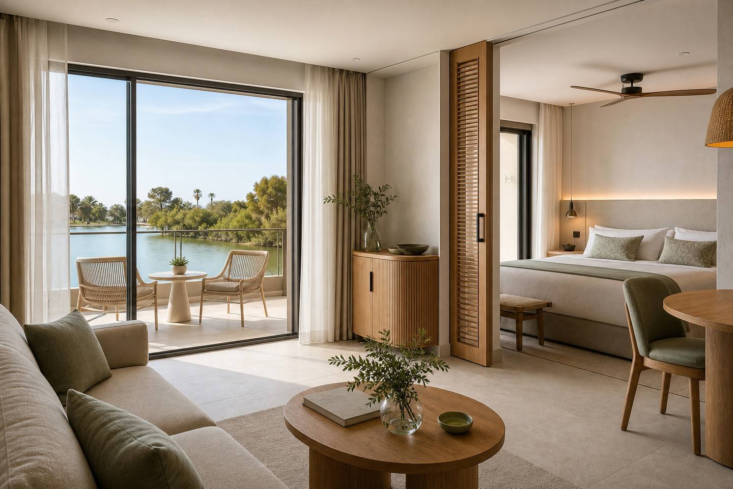 KI-Stimmungsbild für THB Bamboo Alcudia mit heller Premium Suite, getrenntem Wohnbereich und Lagunenblick
