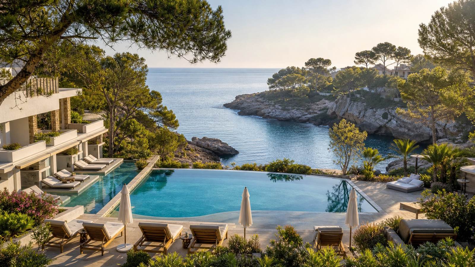 KI-Stimmungsbild für THB Cala Lliteras mit Meerblick-Pool, Swim-up-Bereich und Felsbucht bei Cala Ratjada
