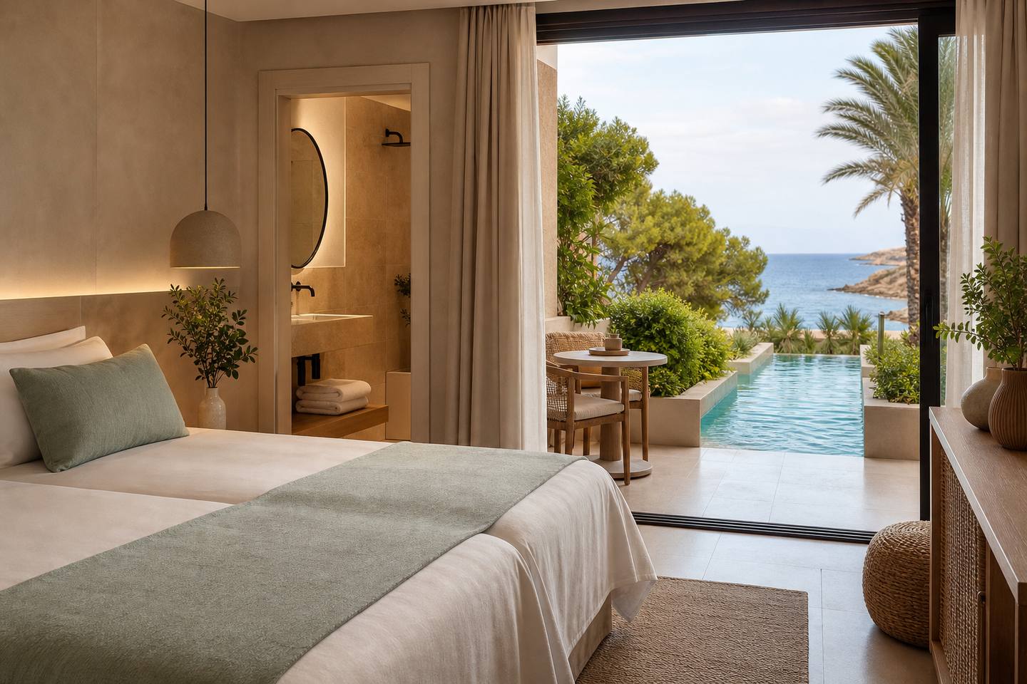 KI-Stimmungsbild für THB Cala Lliteras mit renoviertem Doppelzimmer, Terrasse und direktem Zugang zum Swim-up-Pool