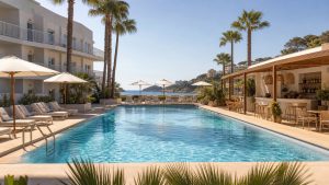 KI-generiertes Stimmungsbild einer entspannten Adults-Only-Poolanlage in Cala Ratjada für den THB Dos Playas Hotelcheck