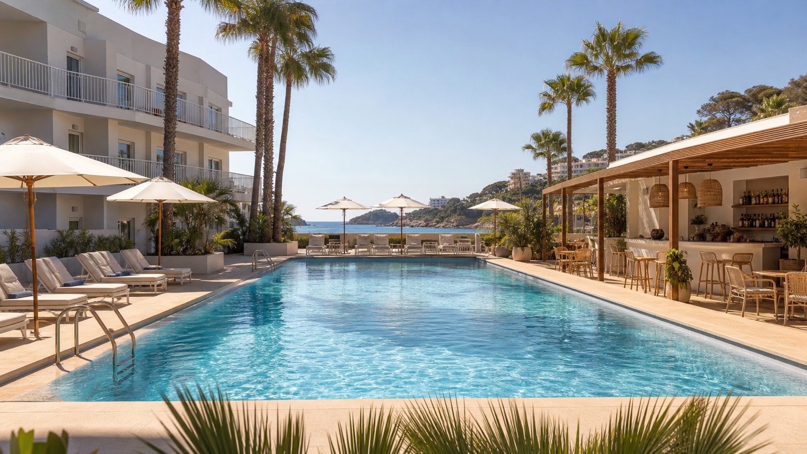 KI-generiertes Stimmungsbild einer entspannten Adults-Only-Poolanlage in Cala Ratjada für den THB Dos Playas Hotelcheck