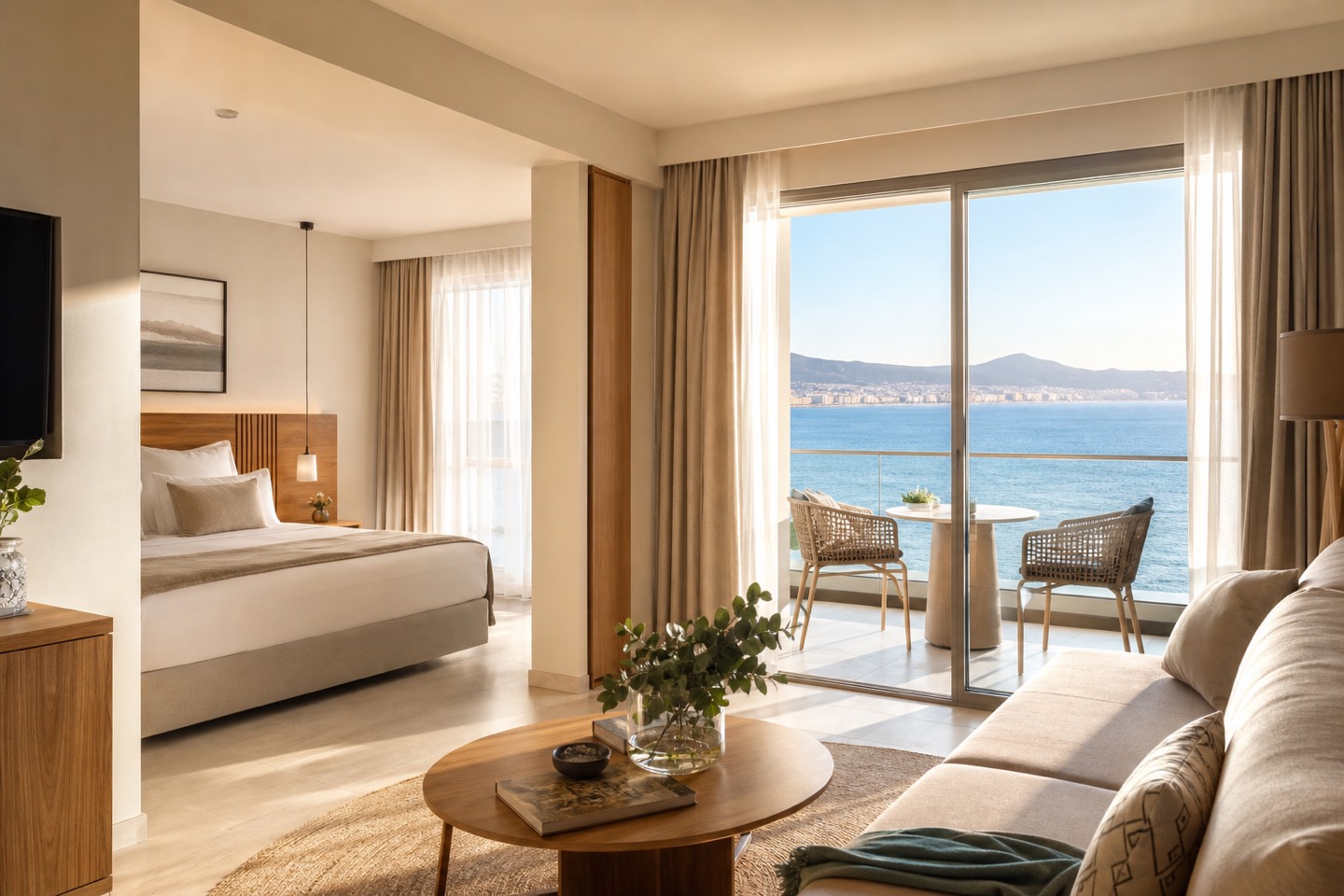 KI-generiertes Stimmungsbild einer modernen Suite mit Balkon und Meerblick für den THB El Cid Hotelcheck in Can Pastilla