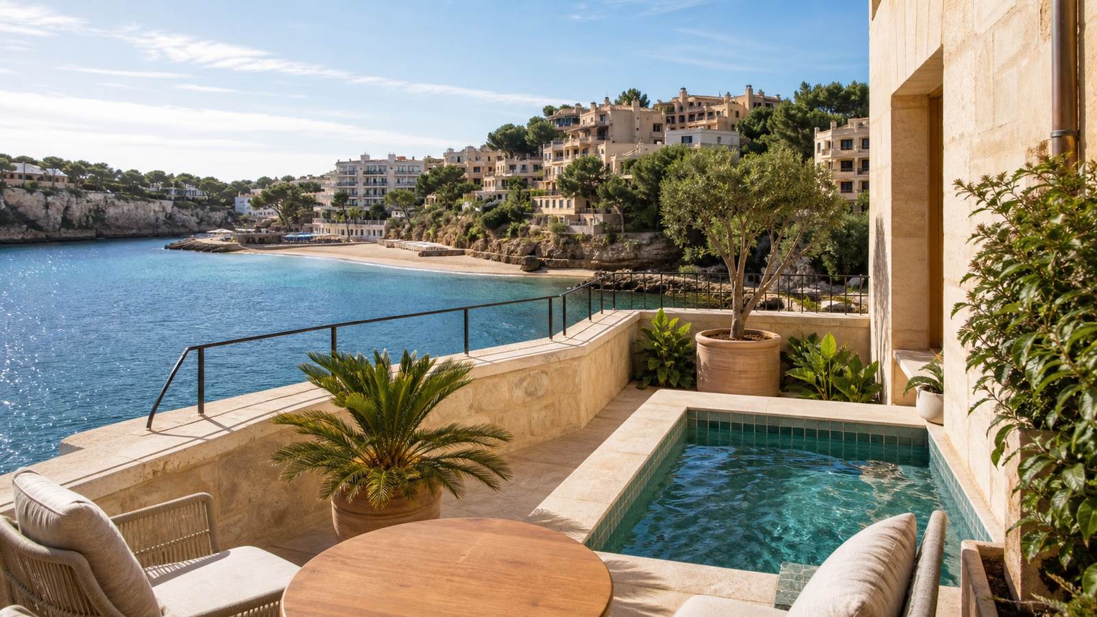 KI-Stimmungsbild für THB Felip mit mediterraner Terrasse, kleinem Pool und Blick auf die Bucht von Porto Cristo