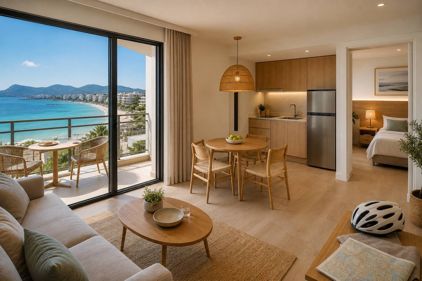KI-Stimmungsbild für THB Gran Bahía mit modernem Apartment, Küchenzeile, Balkon und Radsportdetail in Can Picafort