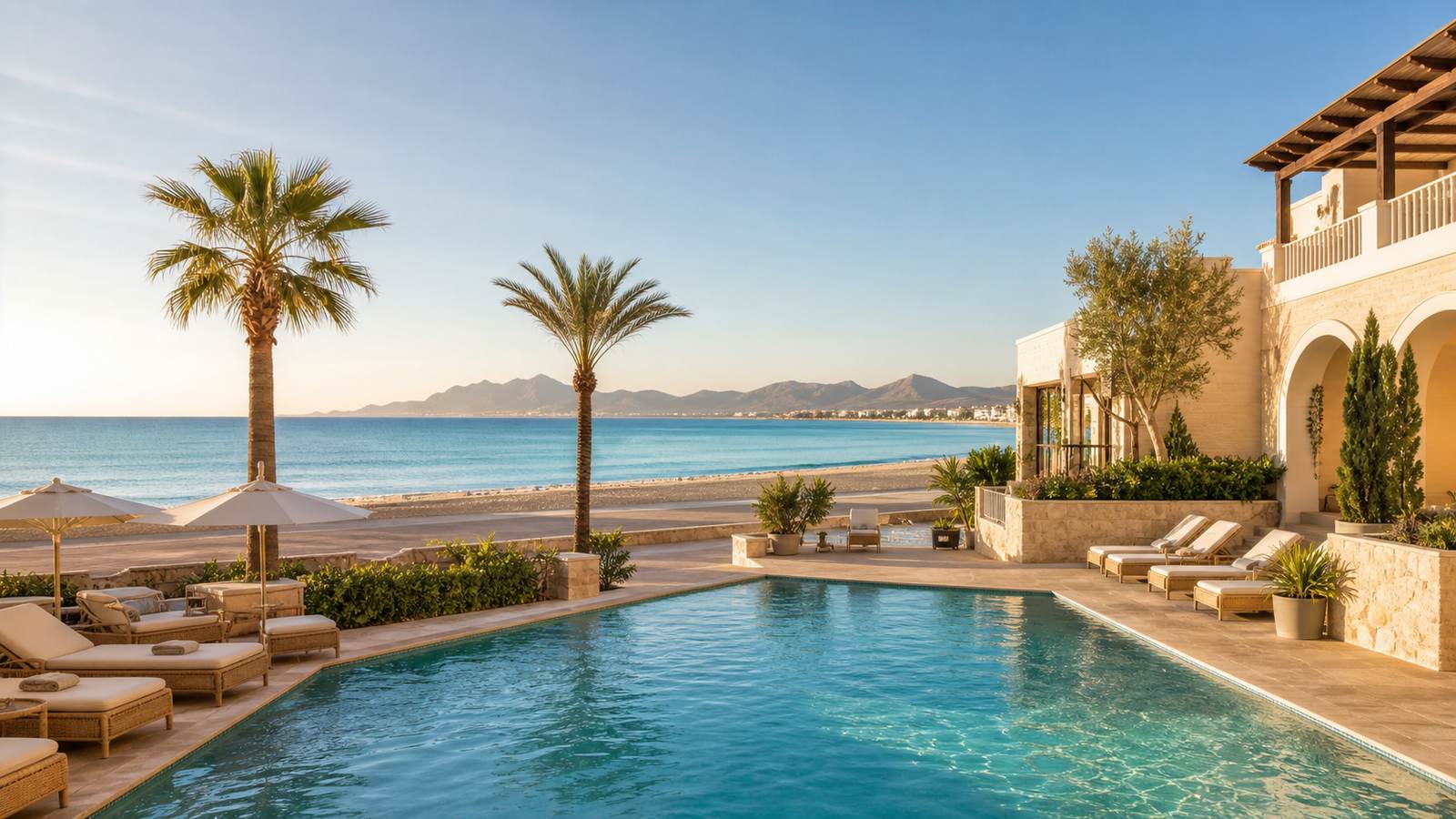 KI-Stimmungsbild für THB Gran Bahía mit Meerblick-Pool an der Strandpromenade von Can Picafort