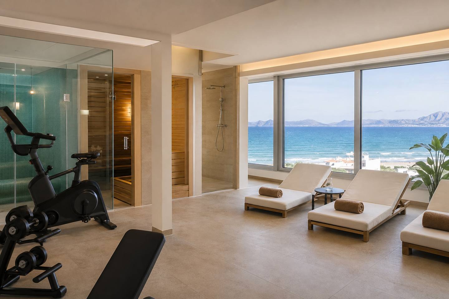 KI-Stimmungsbild für THB Gran Playa mit kleinem Wellness- und Fitnessbereich, Sauna, türkischem Bad und Meerblick