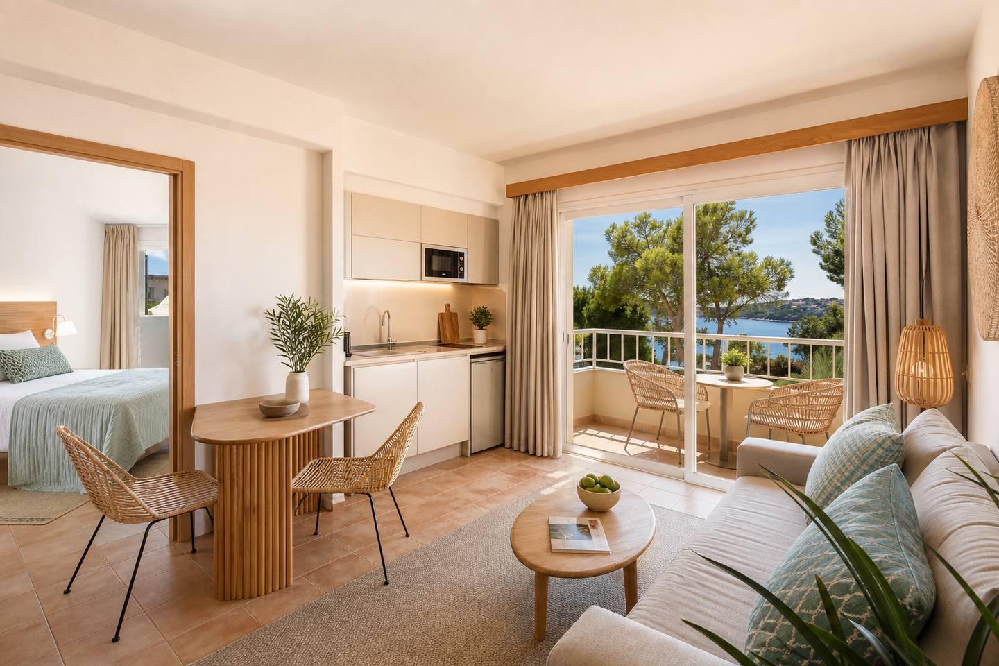 KI-Stimmungsbild für THB Guya Playa mit renoviertem Apartment, Küche, separatem Schlafzimmer und Meerblickbalkon