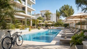 KI-generiertes Stimmungsbild eines Adults-Only-Hotelpools mit Rennrad für den THB María Isabel Hotelcheck an der Playa de Palma