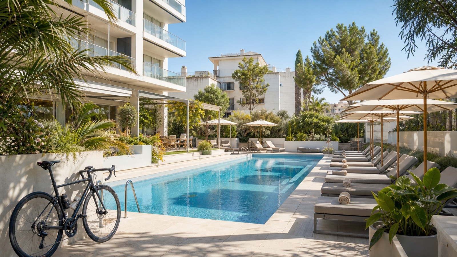 KI-generiertes Stimmungsbild eines Adults-Only-Hotelpools mit Rennrad für den THB María Isabel Hotelcheck an der Playa de Palma