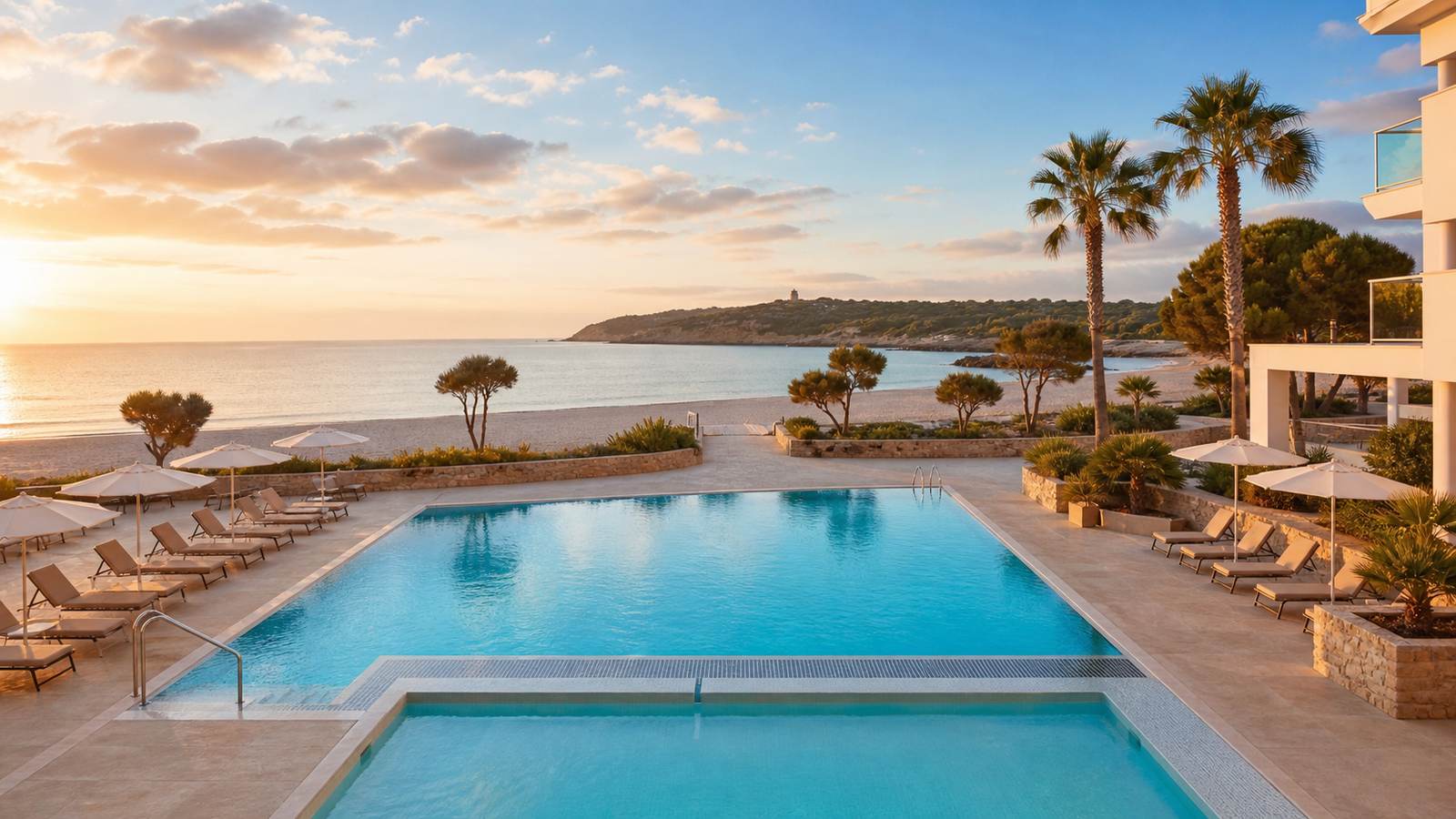KI-Stimmungsbild für THB Sa Coma Platja mit Erwachsenenpool, Kinderbecken und direktem Zugang zum Sandstrand