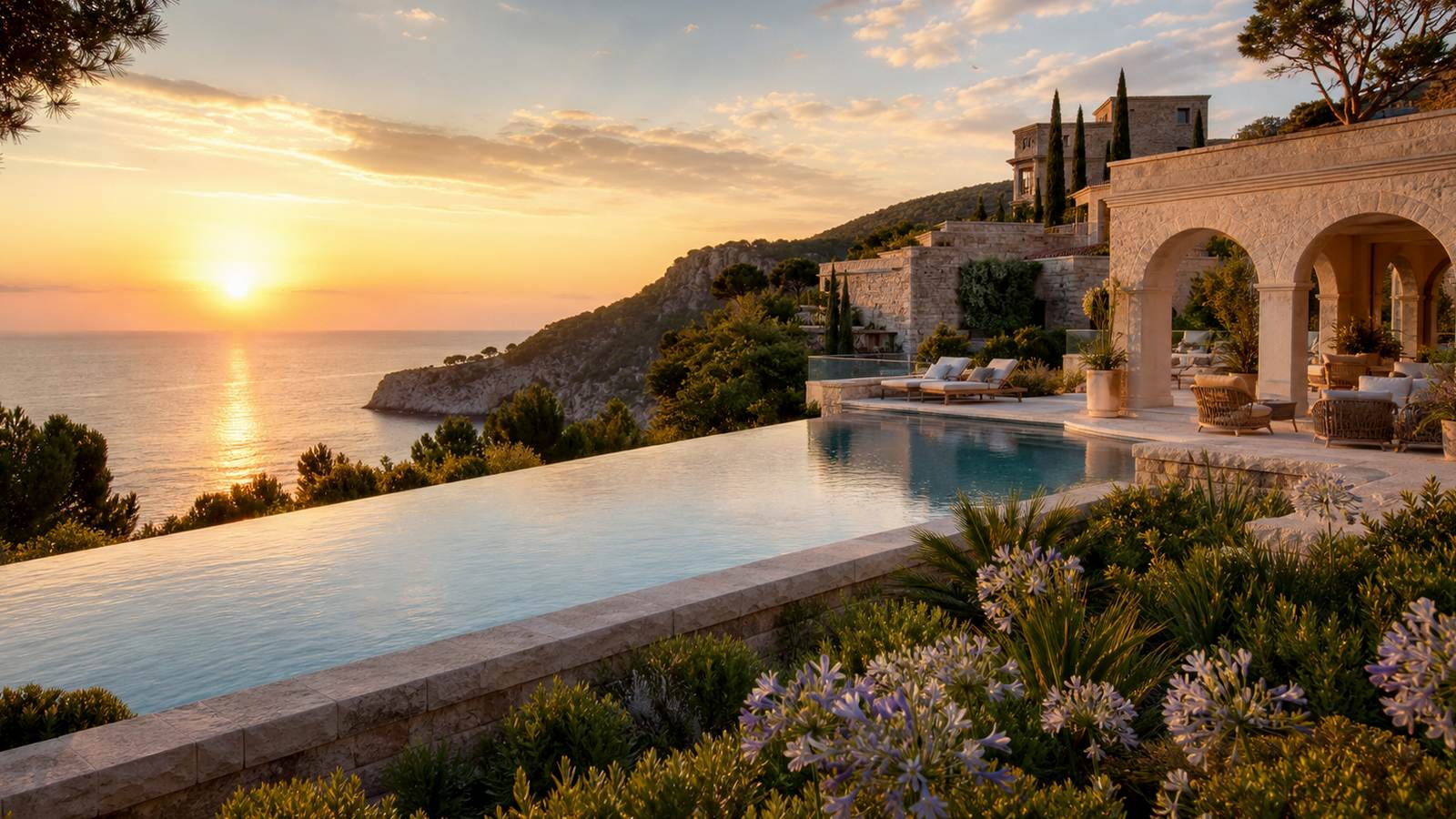 KI-generiertes Mallorca-Stimmungsbild eines mediterranen Hotel-Außenbereichs für den Hotelcheck des THE LODGE in Pobla (La)