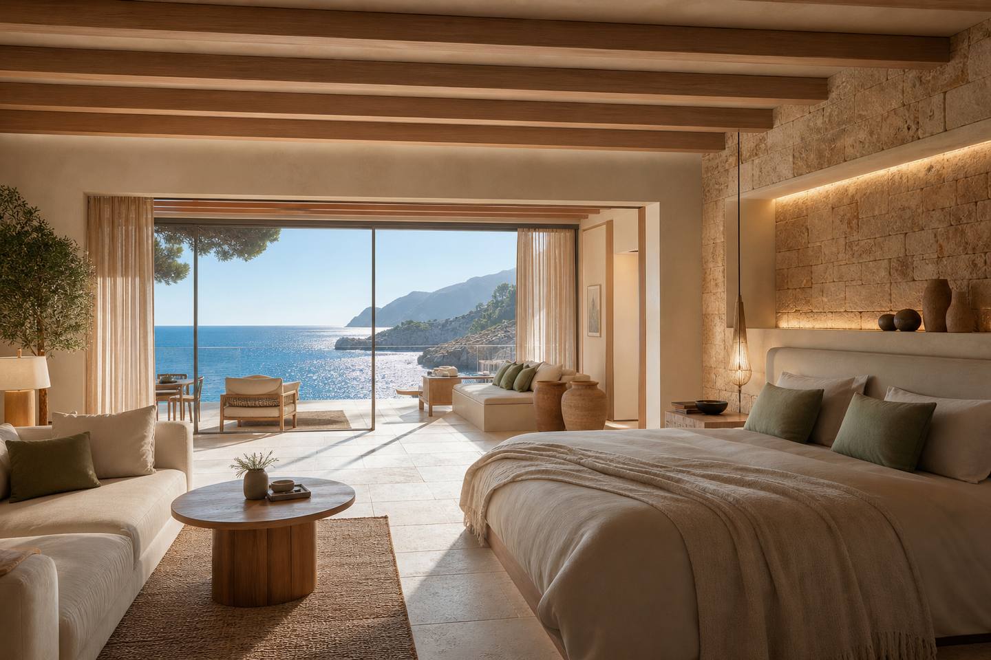 KI-generiertes redaktionelles Stimmungsbild eines mediterranen Hotelzimmers für den Hotelcheck des THE LODGE in Pobla (La)