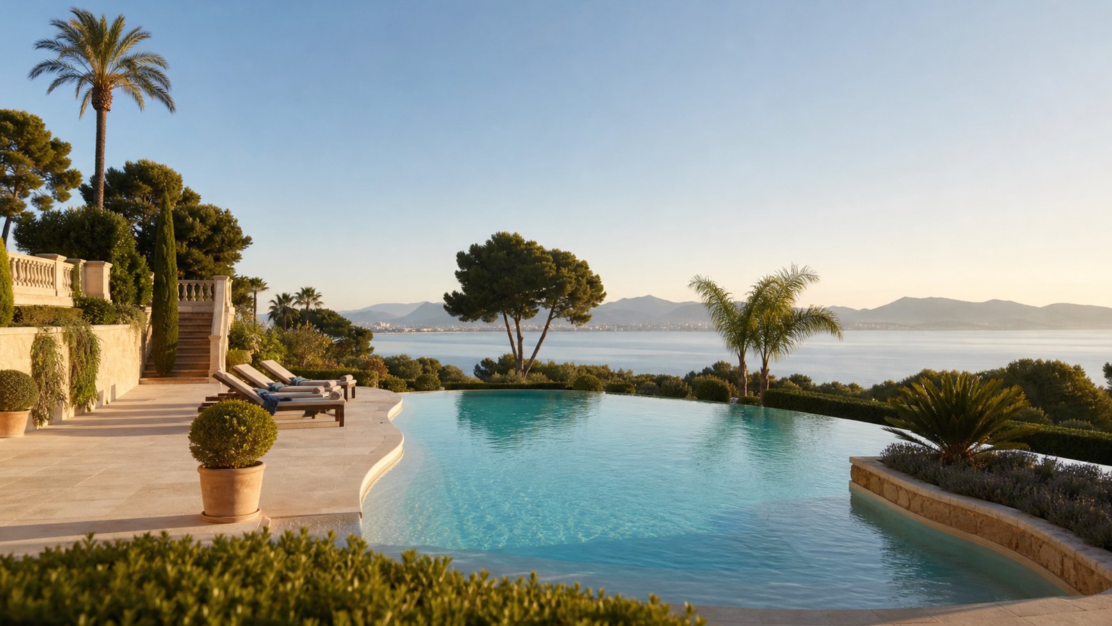 KI-generierte Poolstimmung für The St. Regis Mardavall Mallorca Resort in Costa d’en Blanes mit mediterranem Garten und Blick über die Bucht von Palma