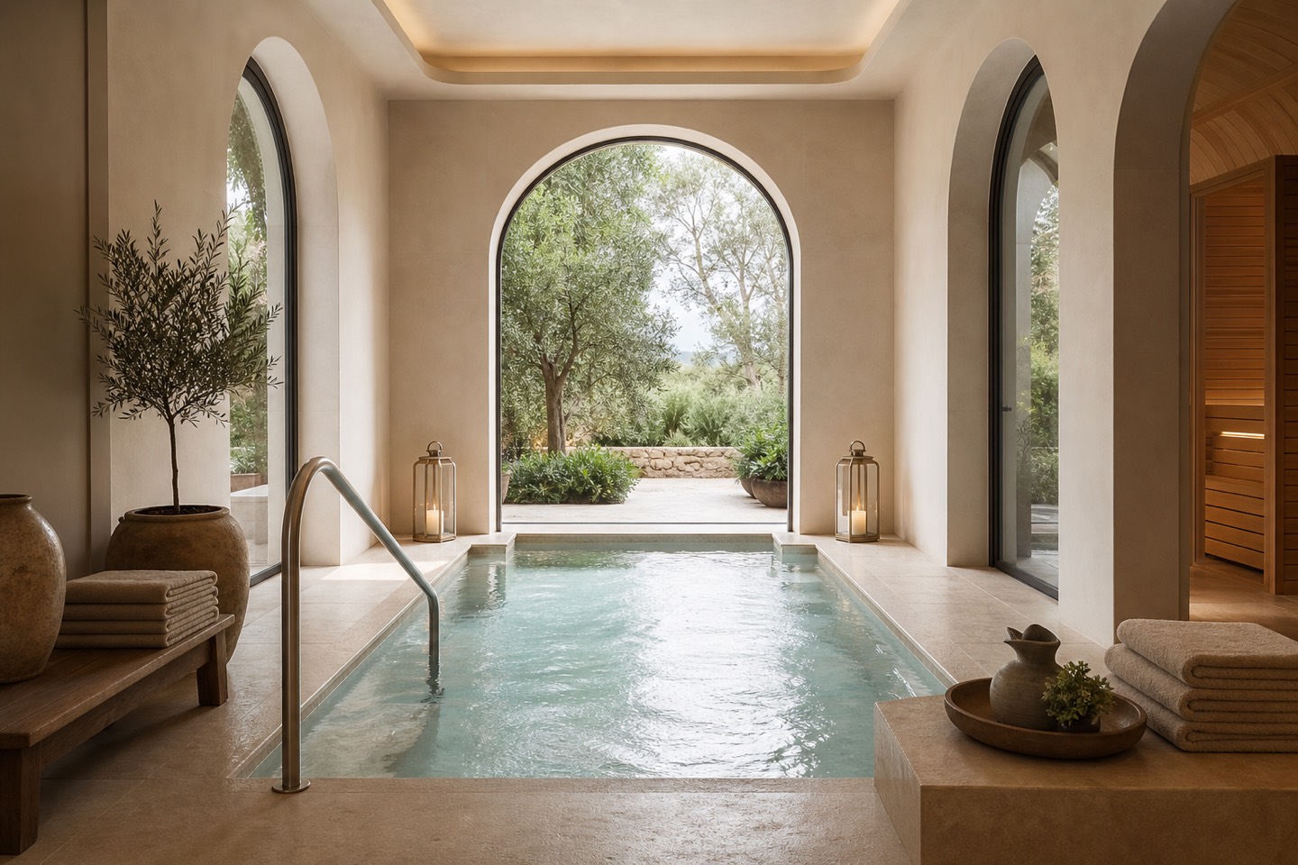 KI-generierte Spa-Stimmung für The St. Regis Mardavall Mallorca Resort mit Hydrotherapiepool, Sauna und mediterranem Garten