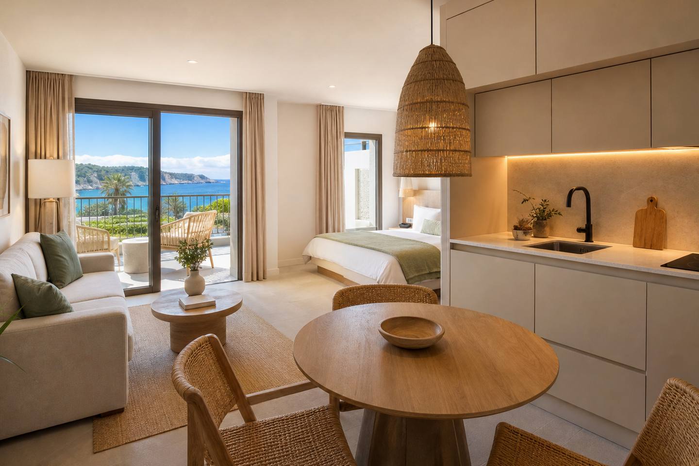 KI-generiertes redaktionelles Stimmungsbild eines mediterranen Hotelzimmers für den Hotelcheck des TOMIR PORTALS SUITES in Portals Nous
