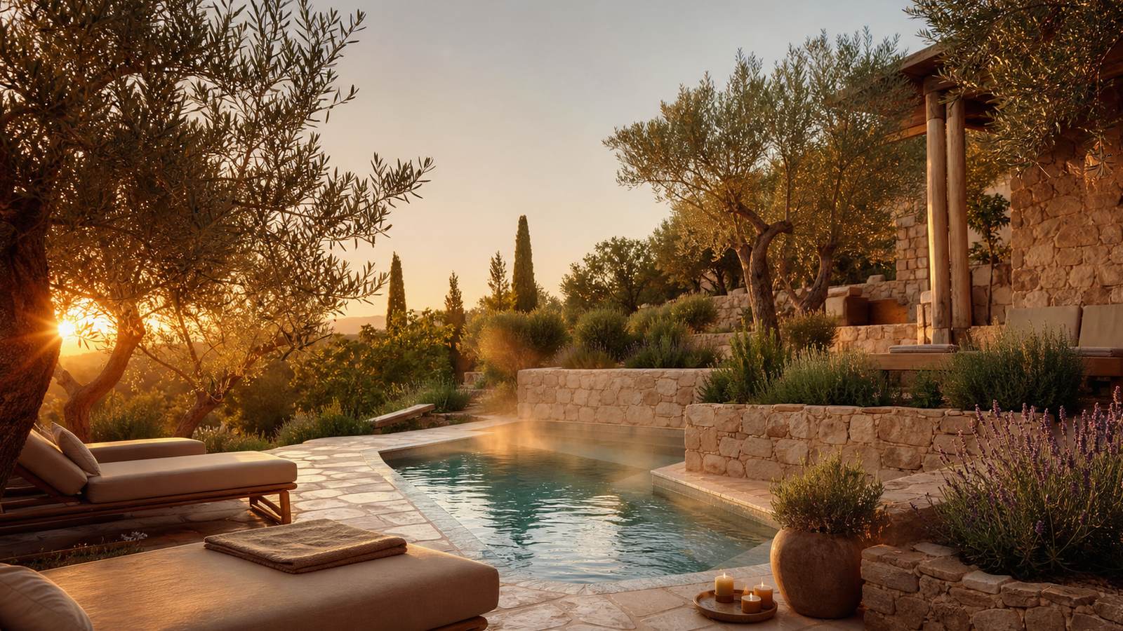 KI-generiertes Mallorca-Stimmungsbild eines mediterranen Hotel-Außenbereichs für den Hotelcheck des TORRE AZUL & SPA in Arenal (L´)