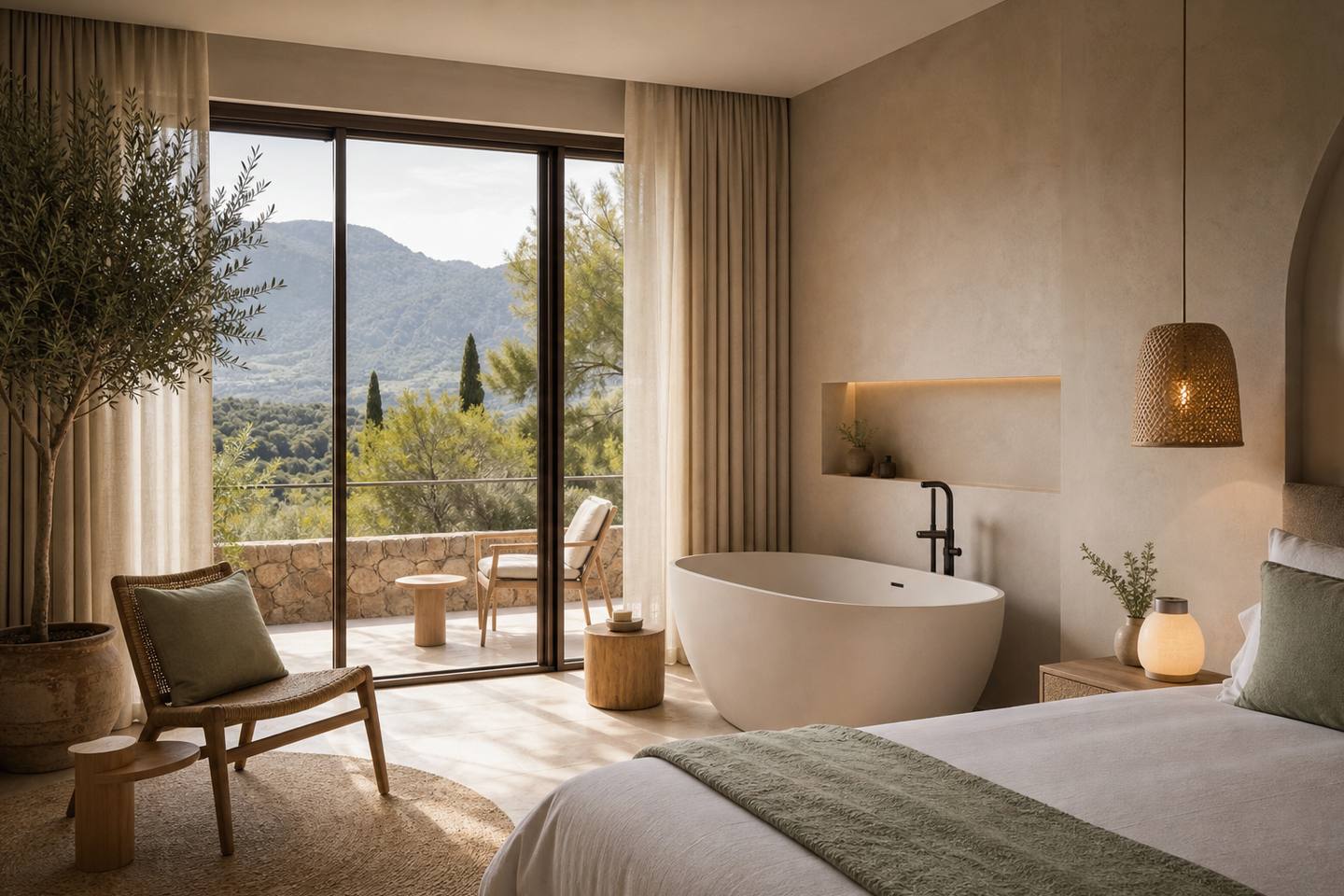 KI-generiertes redaktionelles Stimmungsbild eines mediterranen Hotelzimmers für den Hotelcheck des TORRE AZUL & SPA in Arenal (L´)