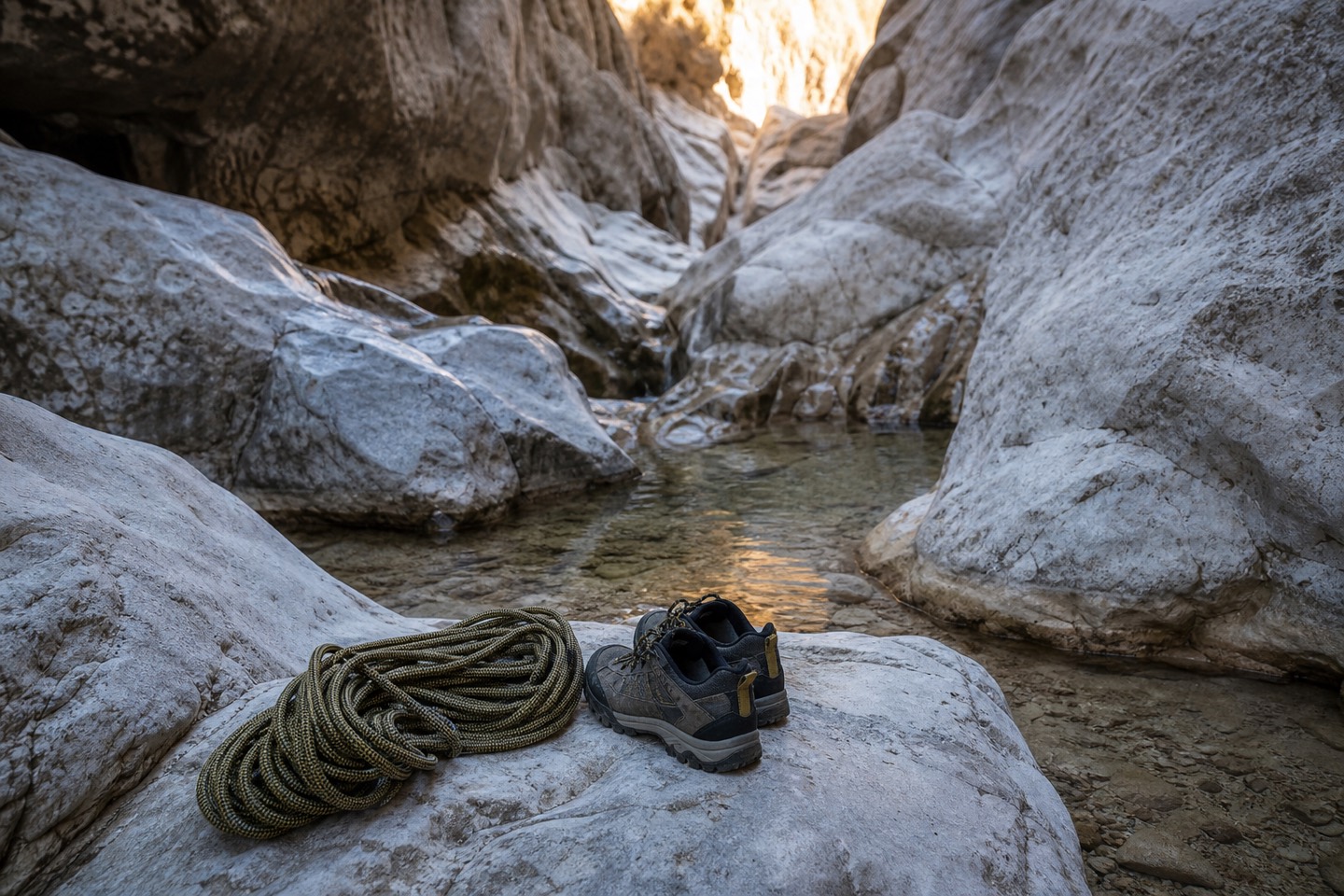 KI-generiertes Stimmungsbild eines Felsbeckens mit Bergschuhen und Seil im Torrent-de-Pareis-Stil