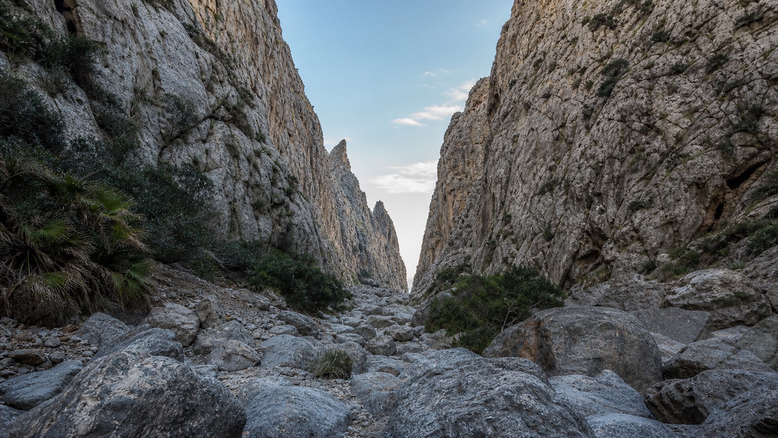 KI-generiertes Stimmungsbild einer felsigen Karstschlucht im Stil des Torrent de Pareis auf Mallorca