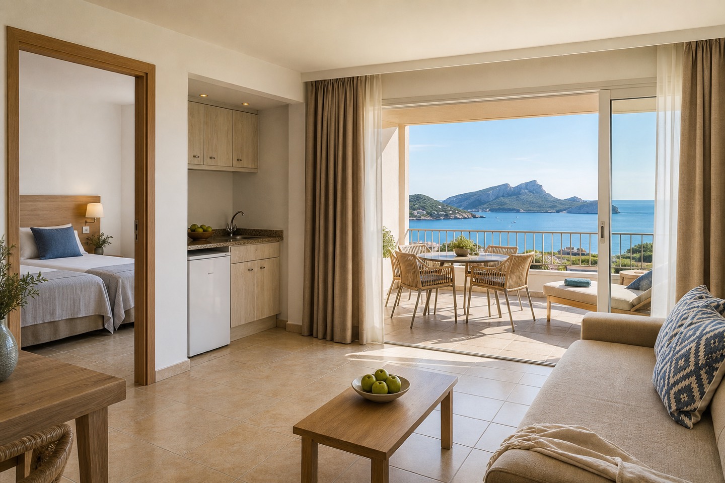 KI-generiertes Stimmungsbild eines geräumigen Apartments mit Küchenzeile und Terrasse über der Bucht von Sant Elm