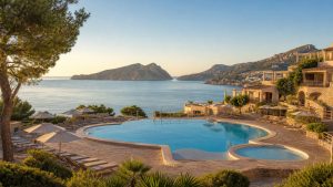 KI-generiertes Stimmungsbild einer terrassierten Poolanlage in Sant Elm mit Blick auf Sa Dragonera für den Universal Aparthotel Don Camilo Hotelcheck