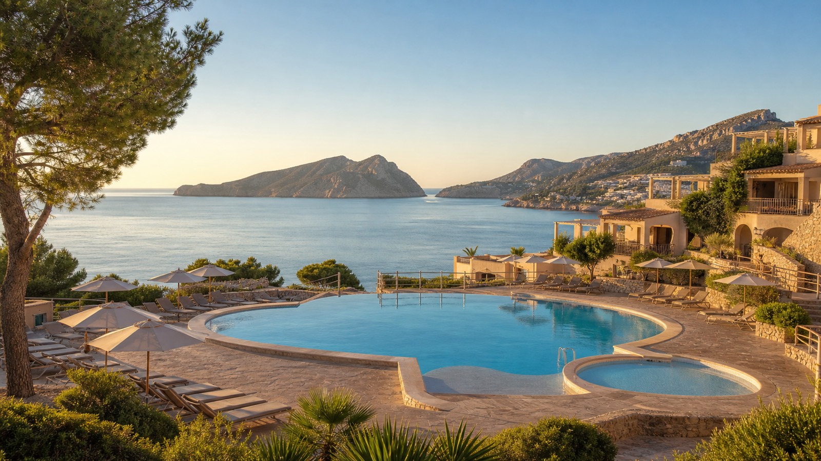 KI-generiertes Stimmungsbild einer terrassierten Poolanlage in Sant Elm mit Blick auf Sa Dragonera für den Universal Aparthotel Don Camilo Hotelcheck