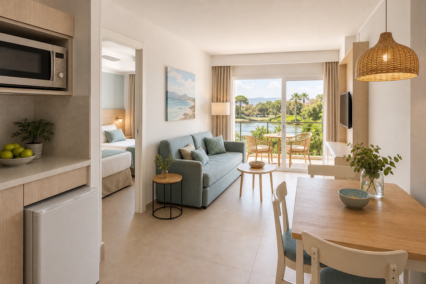 KI-Stimmungsbild für das Universal Aparthotel Elisa mit hellem Familienapartment, Kitchenette, Schlafsofa und Balkon zur Lagune