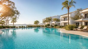 KI-Stimmungsbild für das Universal Aparthotel Elisa mit Außenpool, mediterranen Apartmentgebäuden und Lagunenlandschaft bei Playa de Muro
