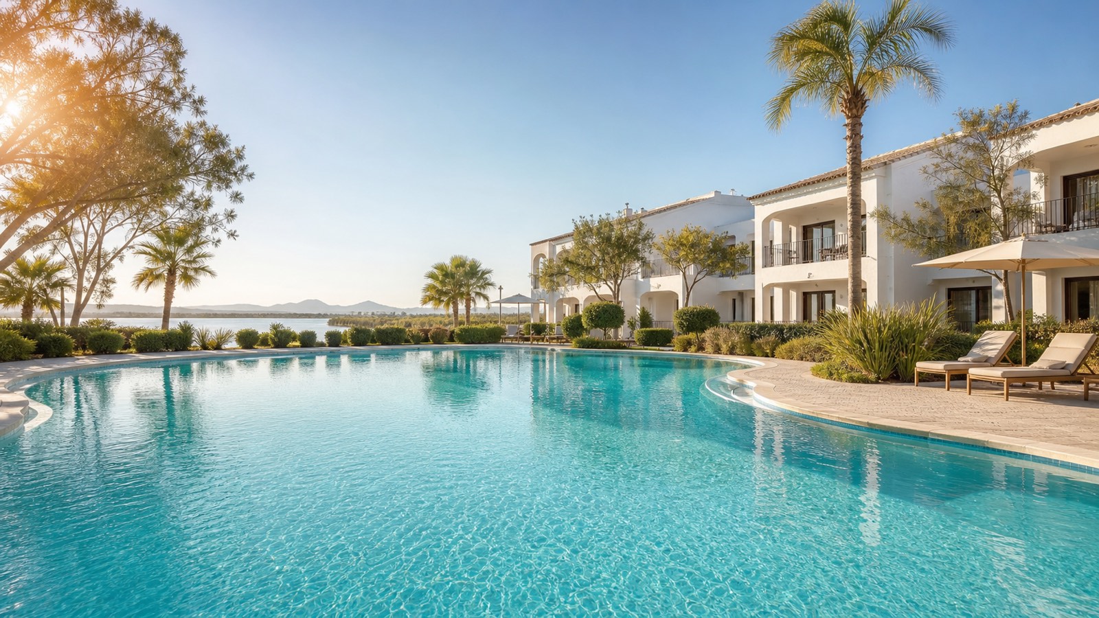 KI-Stimmungsbild für das Universal Aparthotel Elisa mit Außenpool, mediterranen Apartmentgebäuden und Lagunenlandschaft bei Playa de Muro