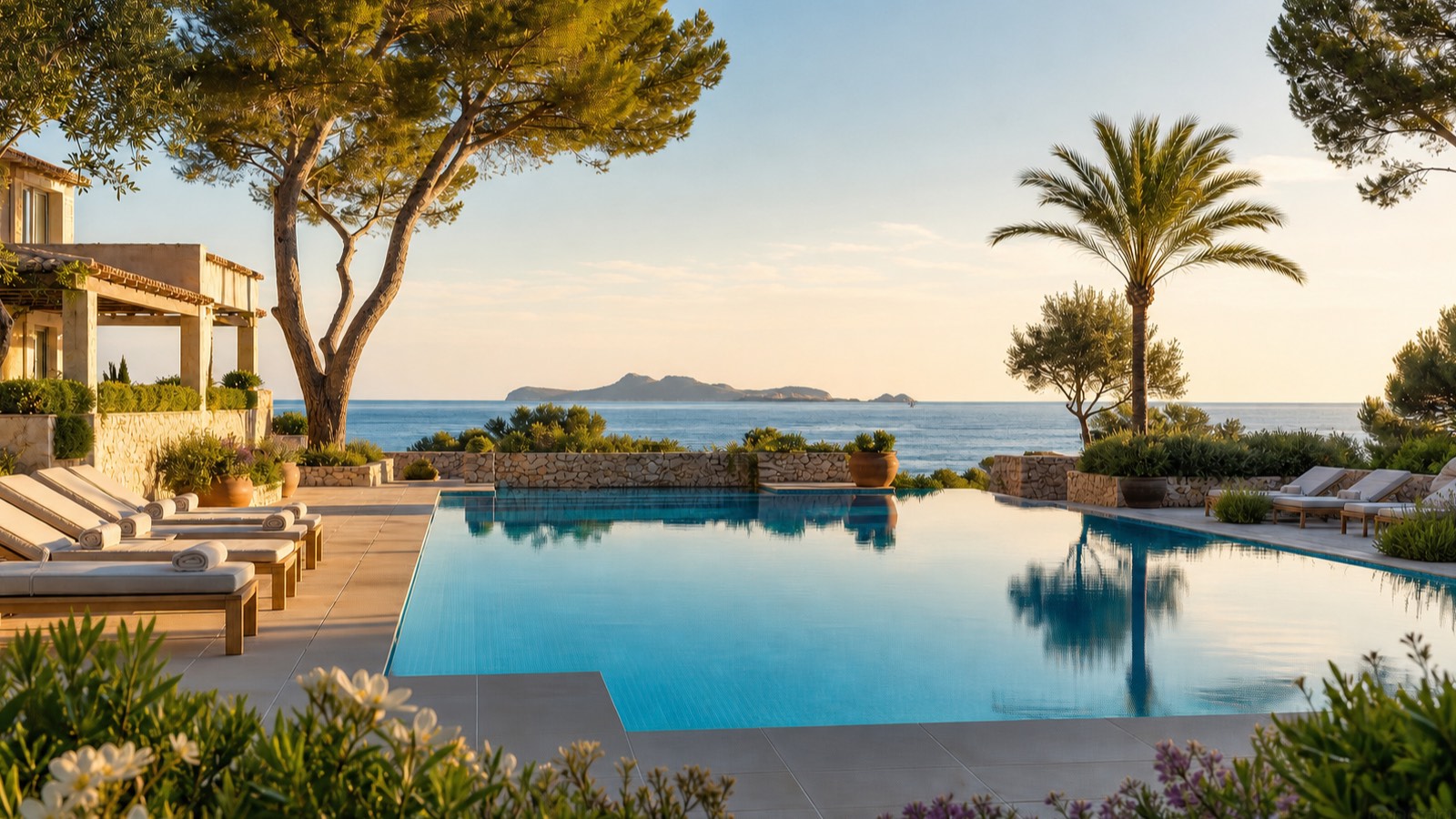 KI-generierte Pool- und Meerstimmung für das Universal Grand León & Spa in Colònia de Sant Jordi mit Pinien und Cabrera-Blick