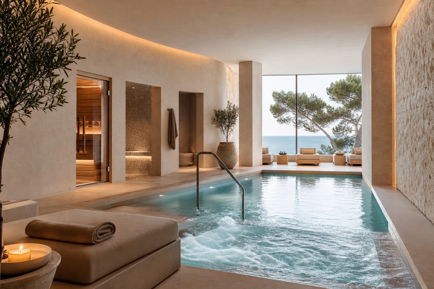 KI-generierte Spa-Stimmung für das Universal Grand León & Spa mit Innenpool, Sauna und Blick auf Pinien und Meer