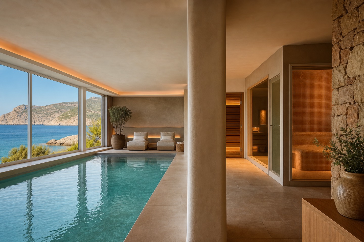 KI-Stimmungsbild für das Universal Hotel Aquamarin mit kleinem beheiztem Innenpool, Sauna, Dampfbad und Meerblick